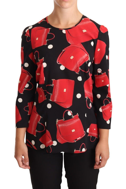 Dolce &amp; Gabbana – Schwarze Bluse aus Seidenstretch mit Sicily-Taschen-Print