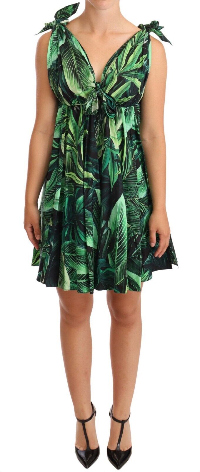 Dolce &amp; Gabbana – Ausgestelltes Minikleid aus Baumwolle mit grünem Blätterprint
