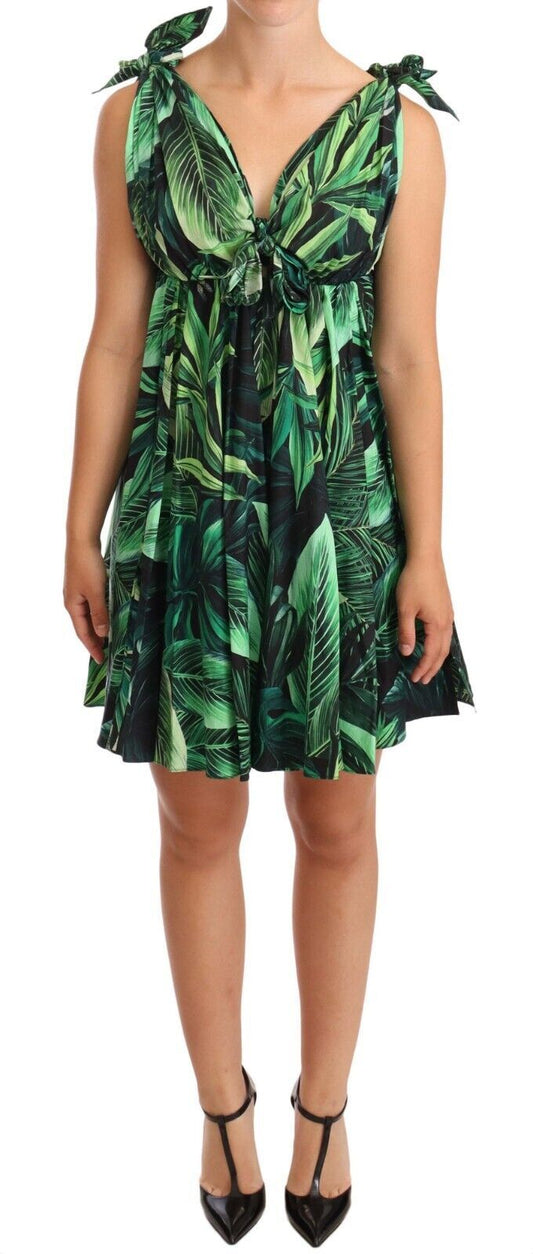 Dolce &amp; Gabbana – Ausgestelltes Minikleid aus Baumwolle mit grünem Blätterprint