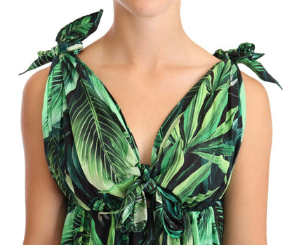 Dolce &amp; Gabbana – Ausgestelltes Minikleid aus Baumwolle mit grünem Blätterprint