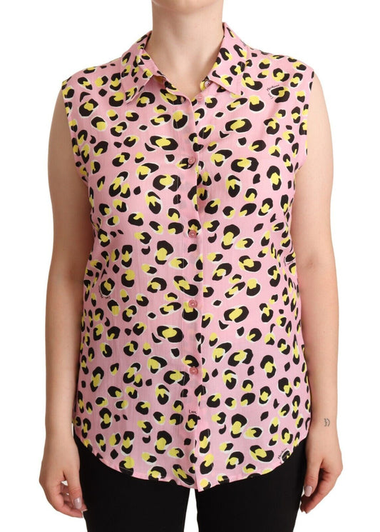 Love Moschino – Ärmelloses Poloshirt mit Kragen und Leopardenmuster in Rosa