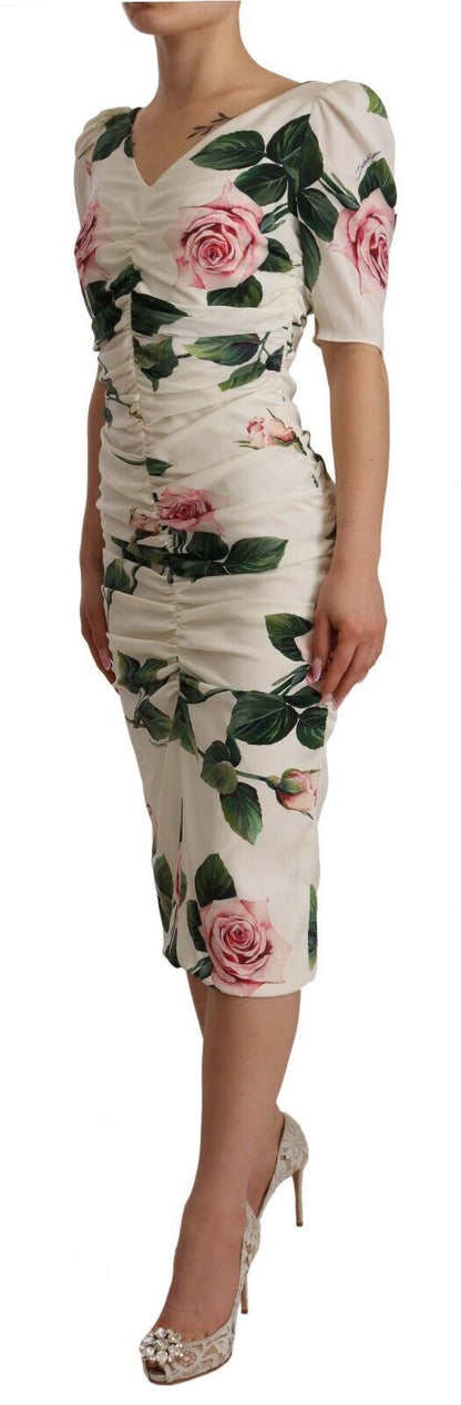 Dolce &amp; Gabbana – Plissiertes Kleid aus Stretch-Seide mit weißem Rosenprint