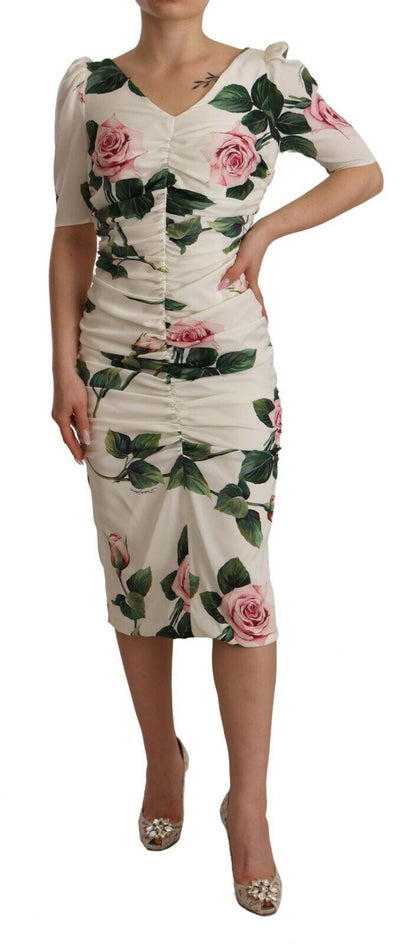 Dolce &amp; Gabbana – Plissiertes Kleid aus Stretch-Seide mit weißem Rosenprint