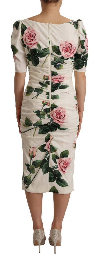 Dolce &amp; Gabbana – Plissiertes Kleid aus Stretch-Seide mit weißem Rosenprint