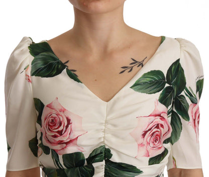 Dolce &amp; Gabbana – Plissiertes Kleid aus Stretch-Seide mit weißem Rosenprint
