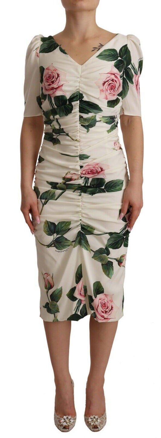 Dolce &amp; Gabbana – Plissiertes Kleid aus Stretch-Seide mit weißem Rosenprint