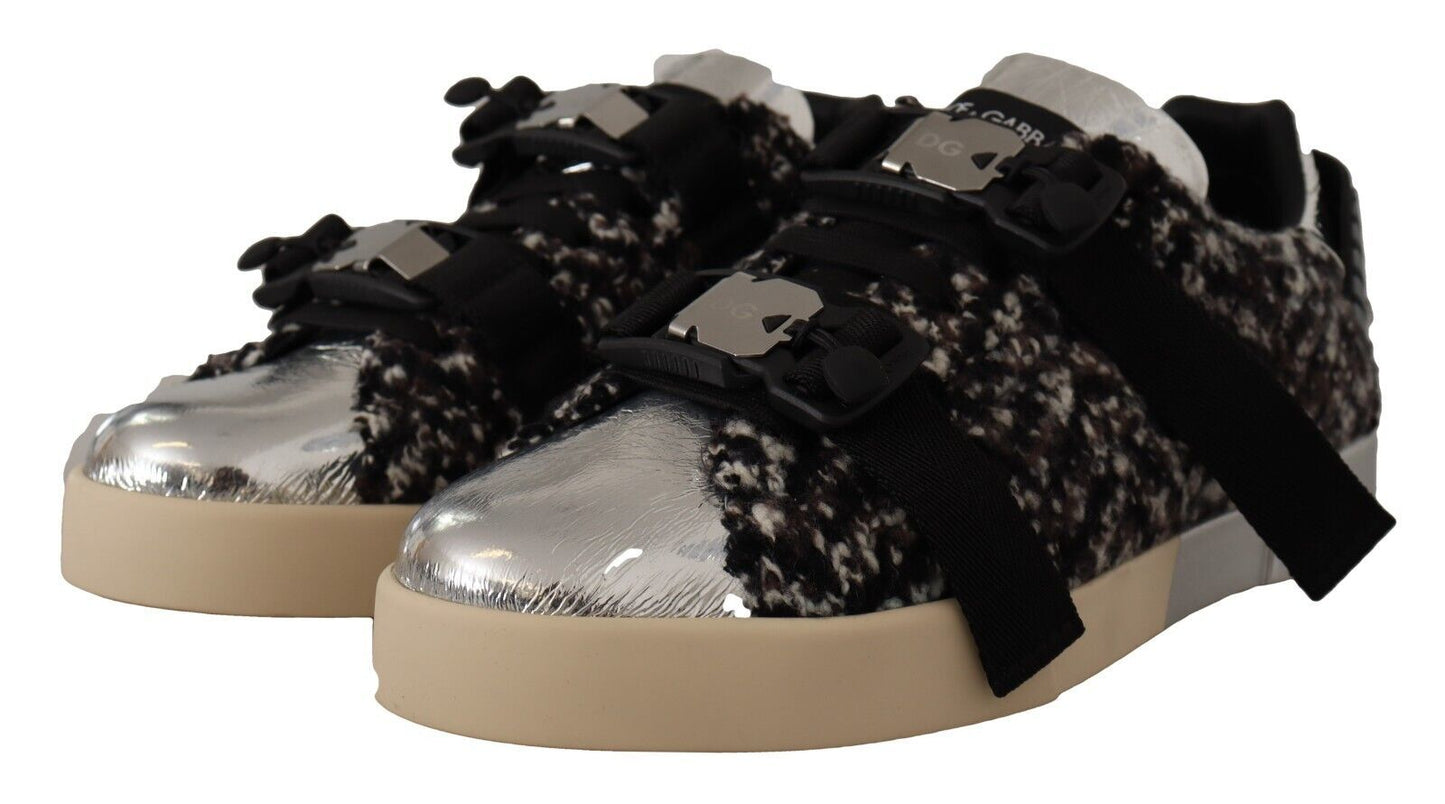 Dolce &amp; Gabbana Silber Leder Braun Baumwolle Wolle Sneakers Schuhe
