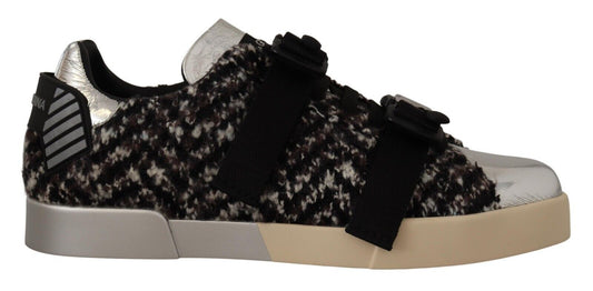 Dolce &amp; Gabbana Silber Leder Braun Baumwolle Wolle Sneakers Schuhe