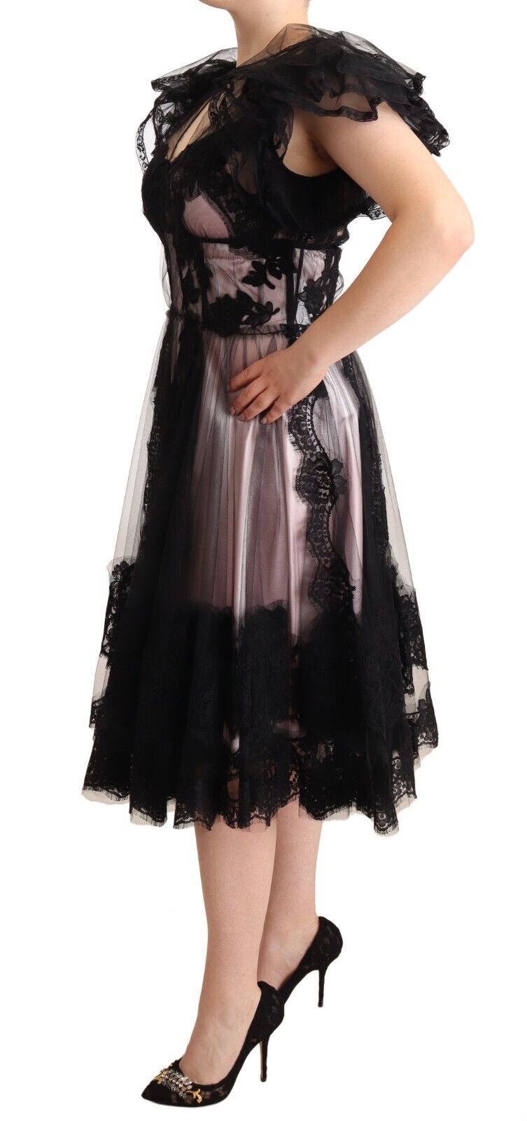 Dolce &amp; Gabbana – Transparentes Midikleid in A-Linie mit Blumenspitze in Schwarz und Rosa
