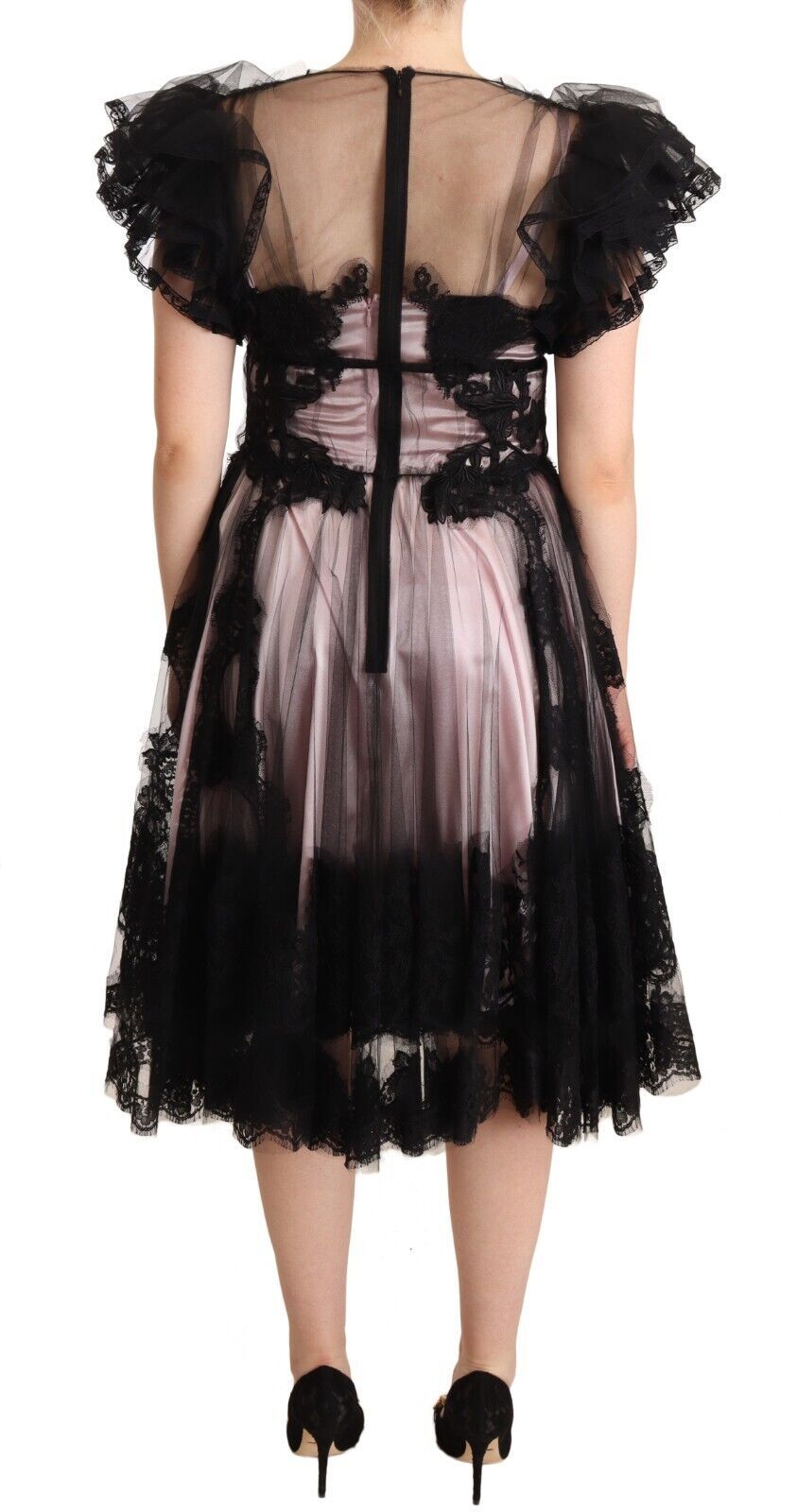 Dolce &amp; Gabbana – Transparentes Midikleid in A-Linie mit Blumenspitze in Schwarz und Rosa