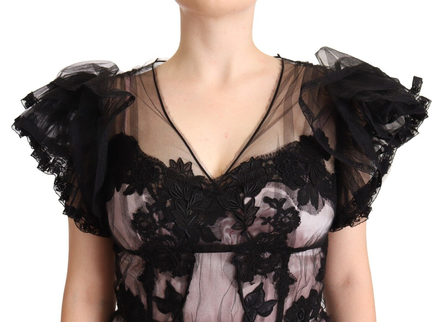 Dolce &amp; Gabbana – Transparentes Midikleid in A-Linie mit Blumenspitze in Schwarz und Rosa