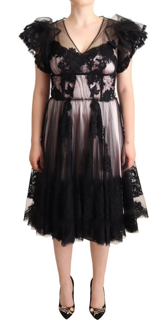 Dolce &amp; Gabbana – Transparentes Midikleid in A-Linie mit Blumenspitze in Schwarz und Rosa