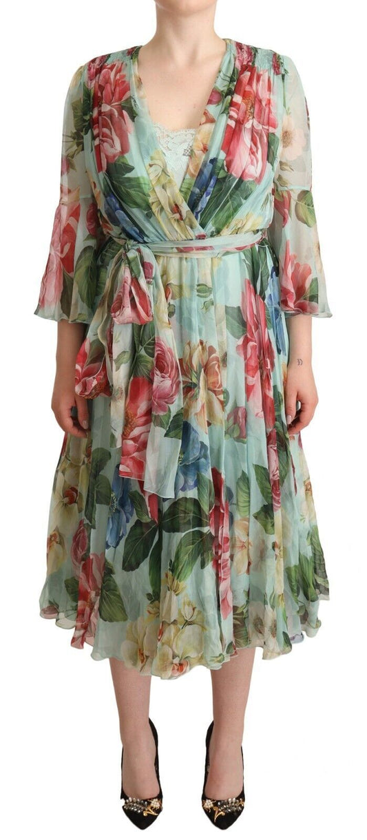 Dolce &amp; Gabbana – Grünes, geblümtes Midikleid mit langen Ärmeln und V-Ausschnitt