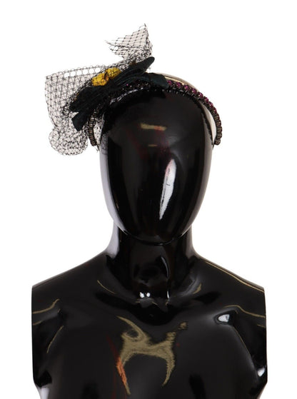 Dolce &amp; Gabbana Silberne Tiara Kristalle Früchte Schwarzes Mesh Diadem Stirnband