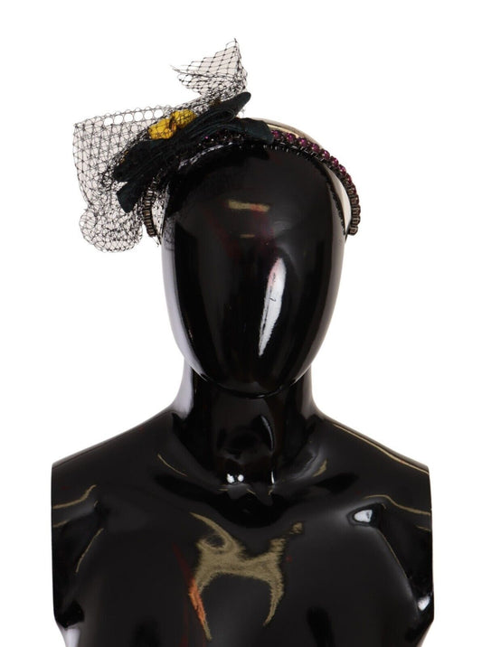 Dolce &amp; Gabbana Silberne Tiara Kristalle Früchte Schwarzes Mesh Diadem Stirnband