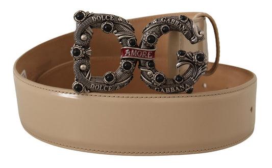Dolce &amp; Gabbana Beigefarbener Ledergürtel „Amore“ mit silberner Logoschnalle