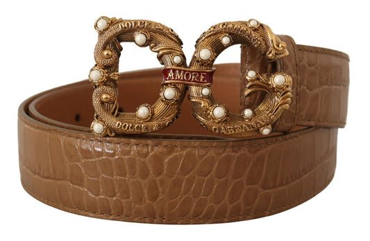 Dolce &amp; Gabbana – Amore-Gürtel aus braunem Leder mit Krokodilmuster und Logo