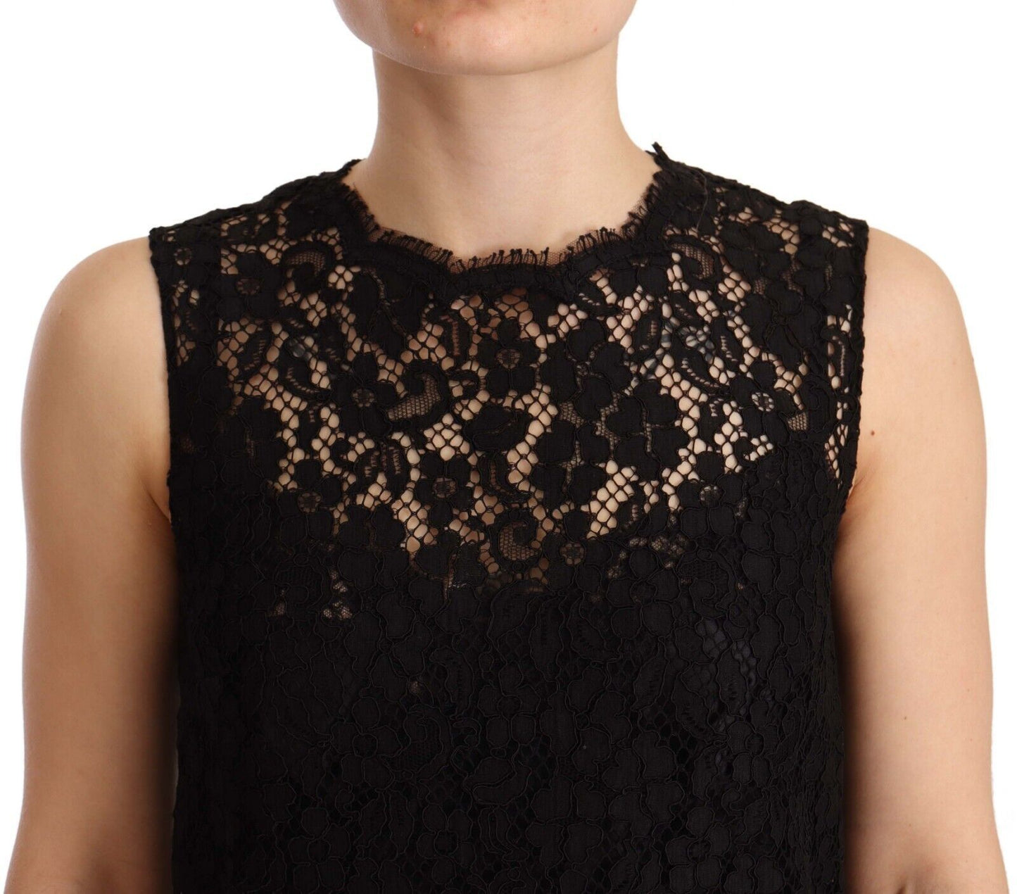 Dolce &amp; Gabbana – Schwarzes, ärmelloses Minikleid aus floraler Spitze