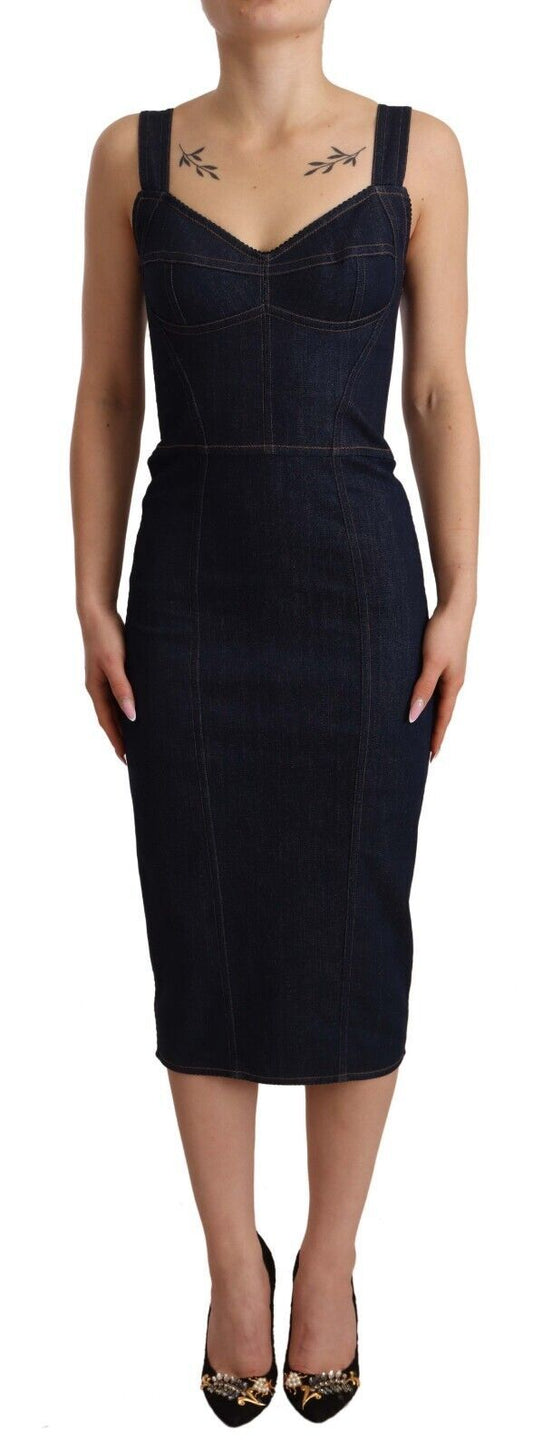 Dolce &amp; Gabbana Dunkelblaues Midi-Etuikleid aus Baumwoll-Denim