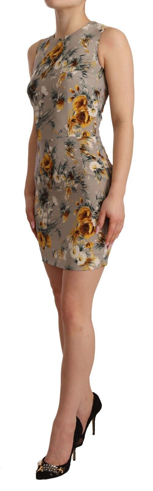Dolce &amp; Gabbana Gray Silk Stretch Floral Sheath Mini Dress