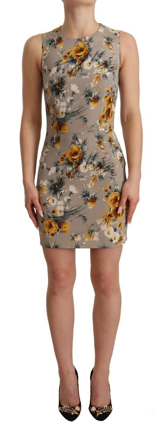 Dolce &amp; Gabbana – Mini-Etuikleid aus Stretch-Seide mit Blumenmuster in Grau