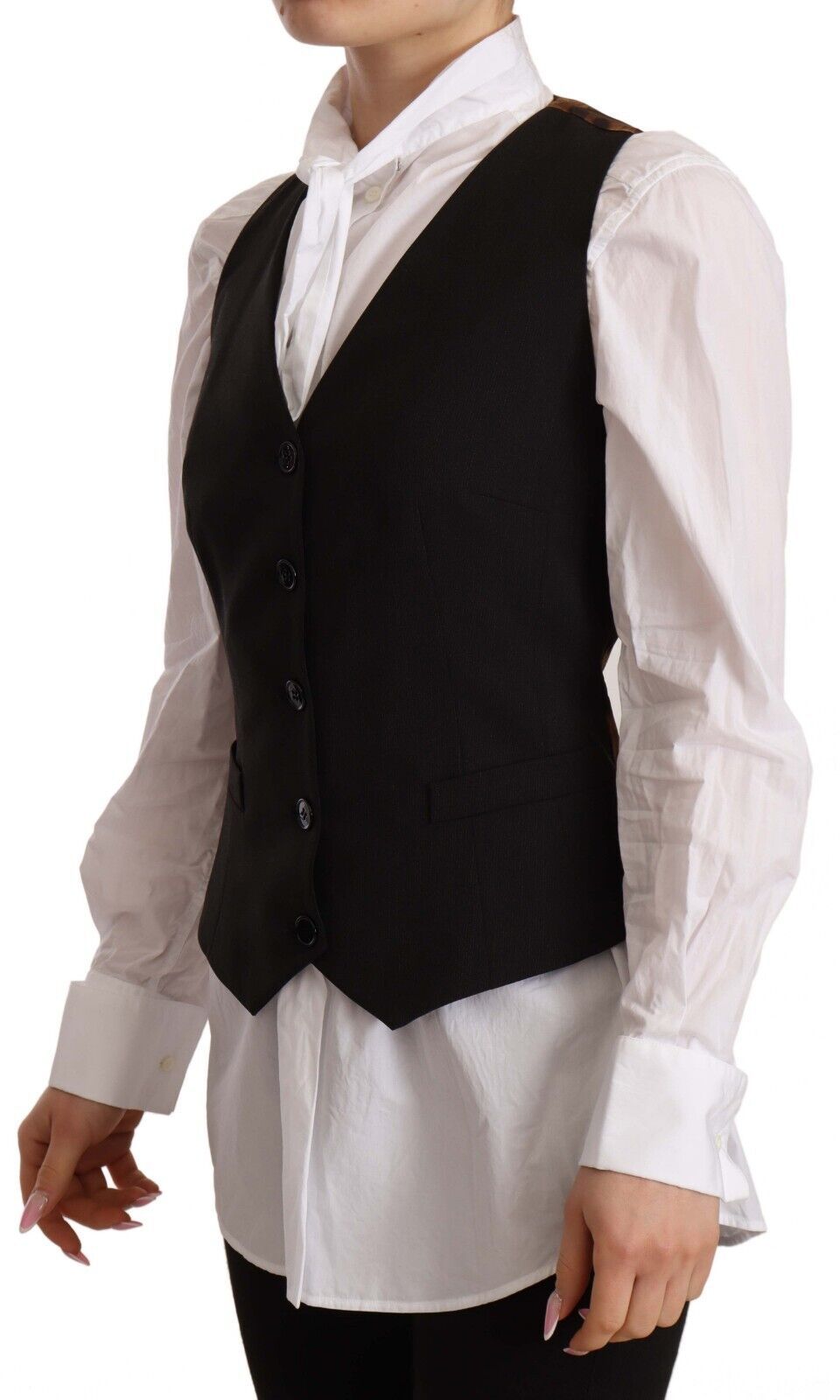 Dolce &amp; Gabbana Schwarzes, ärmelloses Weste-Top aus Polyester mit Knopfleiste