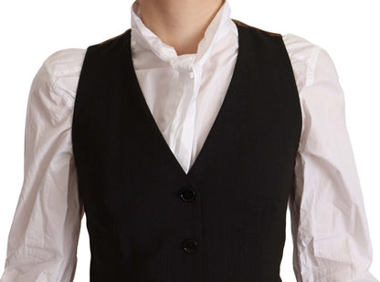 Dolce &amp; Gabbana Schwarzes, ärmelloses Weste-Top aus Polyester mit Knopfleiste