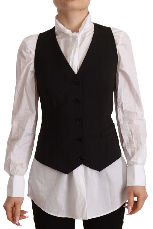 Dolce &amp; Gabbana Schwarzes, ärmelloses Weste-Top aus Polyester mit Knopfleiste