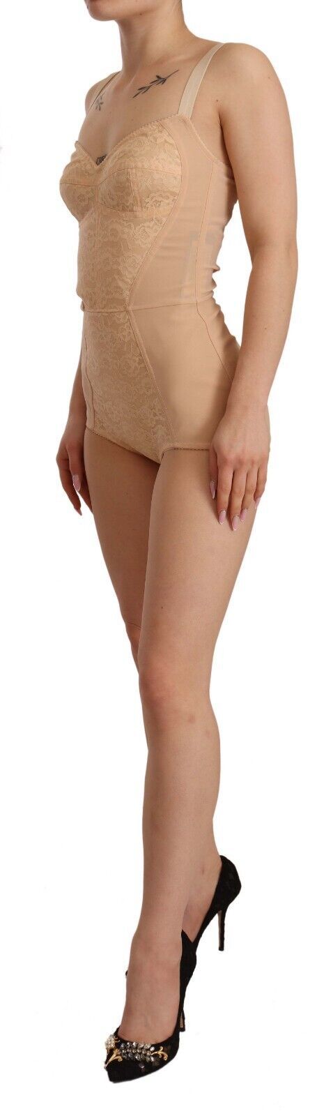 Dolce &amp; Gabbana Beige Nylon-Bodysuit mit Blumenspitze