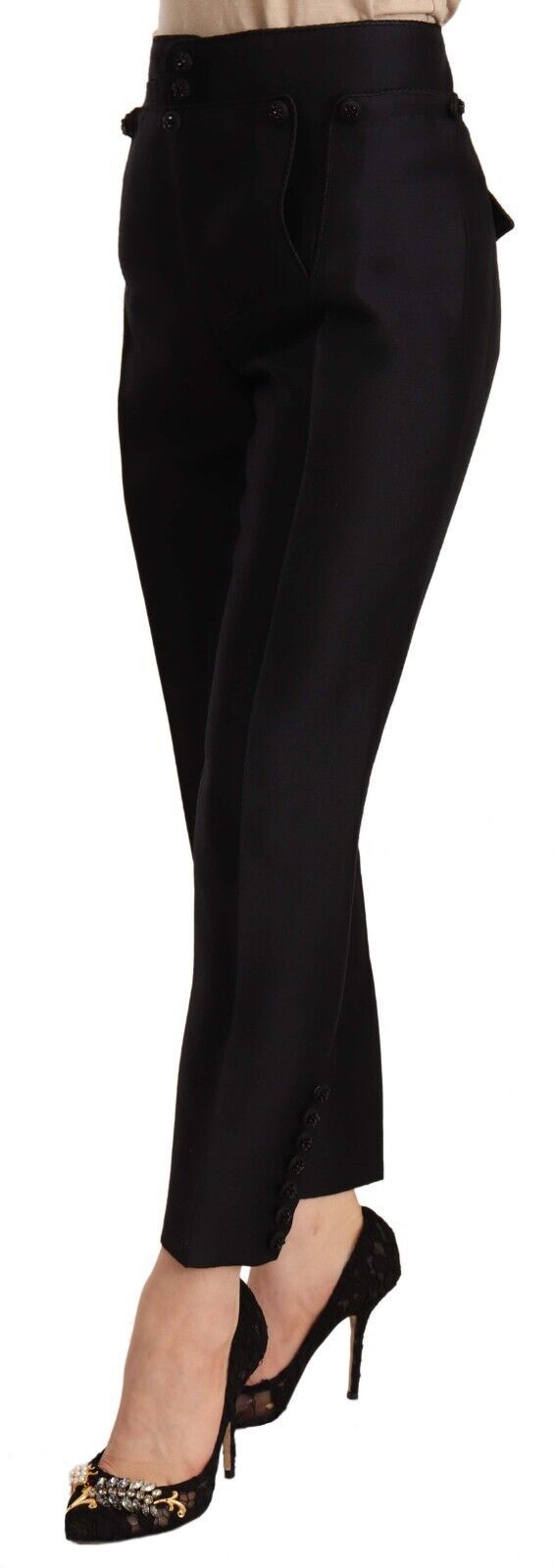 Dsquared² – Schwarze, verkürzte Hose mit hoher Taille und Knopfverzierung