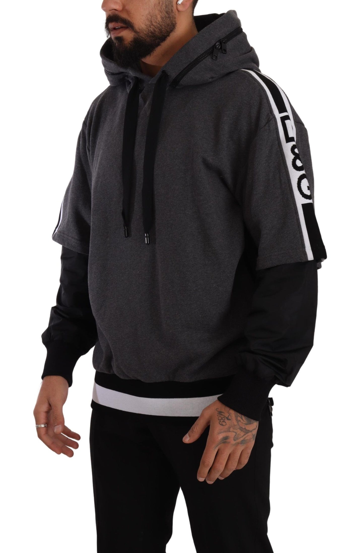 Dolce &amp; Gabbana Grau-Schwarzer Baumwollpullover mit Kapuze #DGMILLENNIALS