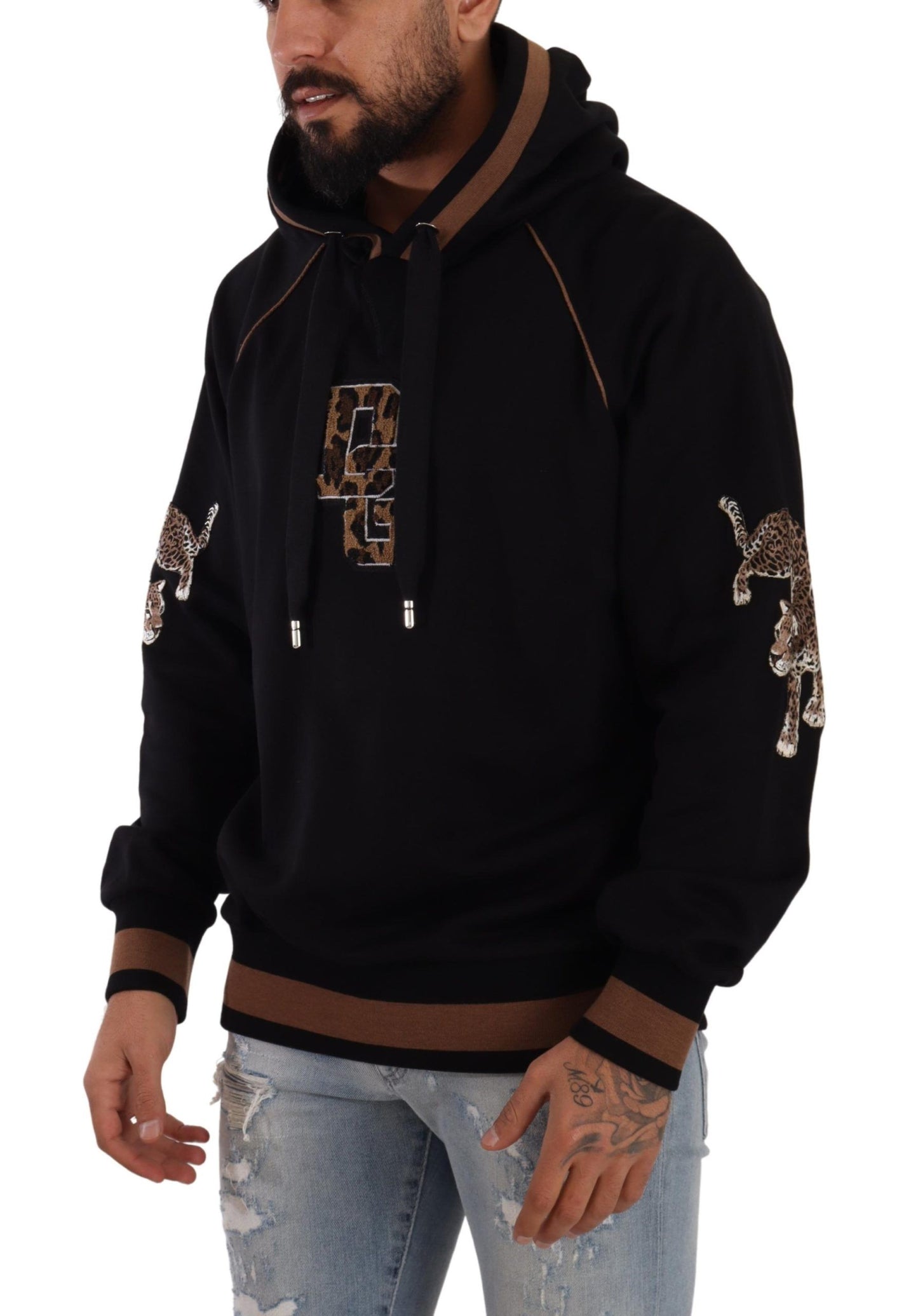 Dolce &amp; Gabbana Schwarz-brauner Kapuzenpullover aus Baumwolle mit Leopardenmuster