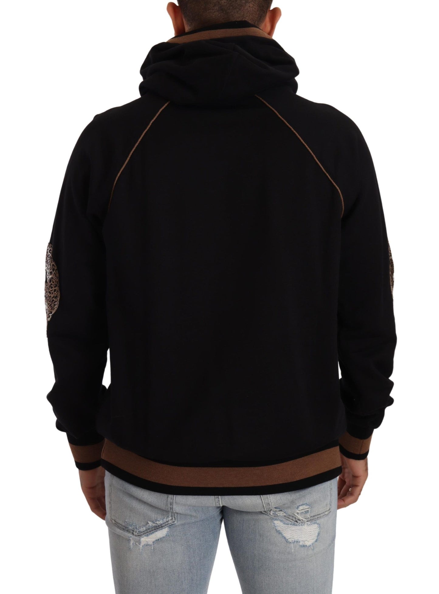 Dolce &amp; Gabbana Schwarz-brauner Kapuzenpullover aus Baumwolle mit Leopardenmuster