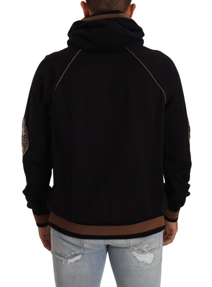 Dolce &amp; Gabbana Schwarz-brauner Kapuzenpullover aus Baumwolle mit Leopardenmuster
