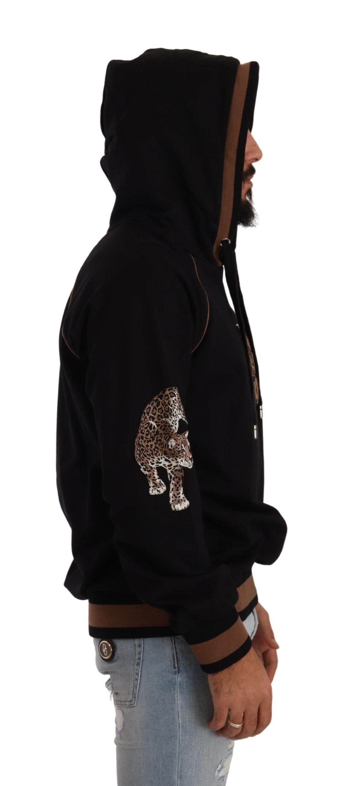 Dolce &amp; Gabbana Schwarz-brauner Kapuzenpullover aus Baumwolle mit Leopardenmuster