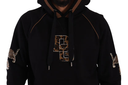 Dolce &amp; Gabbana Schwarz-brauner Kapuzenpullover aus Baumwolle mit Leopardenmuster