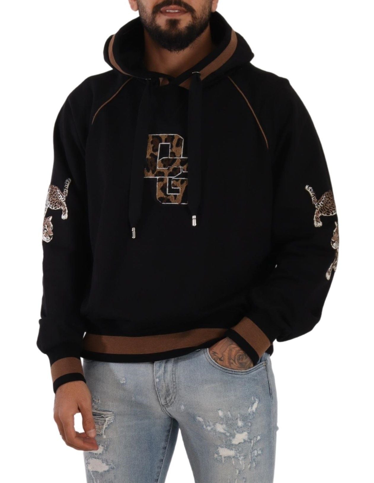 Dolce &amp; Gabbana Schwarz-brauner Kapuzenpullover aus Baumwolle mit Leopardenmuster