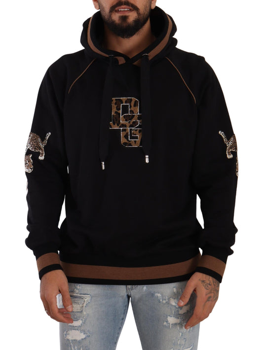 Dolce &amp; Gabbana Schwarz-brauner Kapuzenpullover aus Baumwolle mit Leopardenmuster