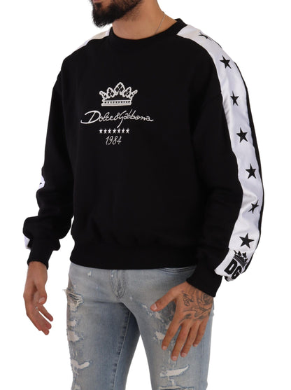 Dolce &amp; Gabbana – Schwarzer Pullover mit Rundhalsausschnitt aus Baumwolle mit Krone und Sternen von 1984 in Schwarz