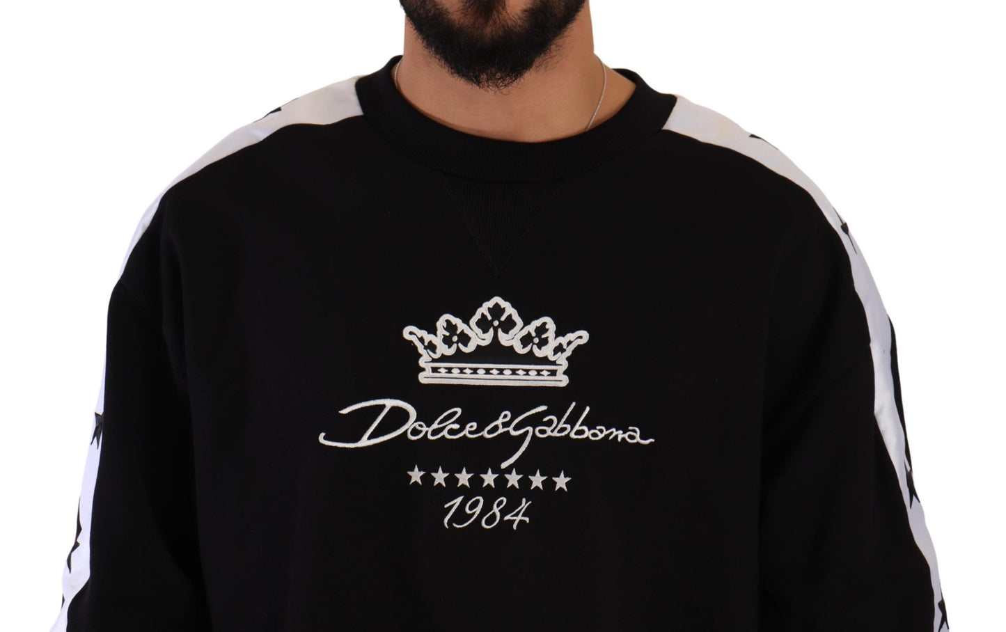 Dolce &amp; Gabbana – Schwarzer Pullover mit Rundhalsausschnitt aus Baumwolle mit Krone und Sternen von 1984 in Schwarz