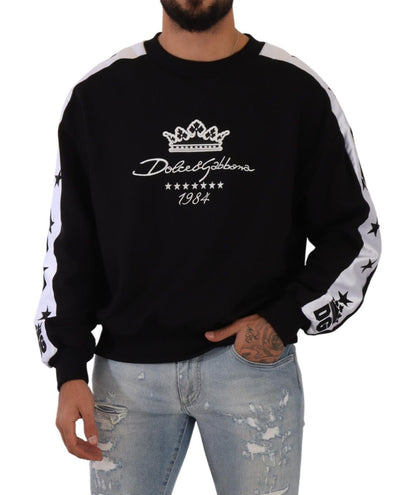 Dolce &amp; Gabbana – Schwarzer Pullover mit Rundhalsausschnitt aus Baumwolle mit Krone und Sternen von 1984 in Schwarz