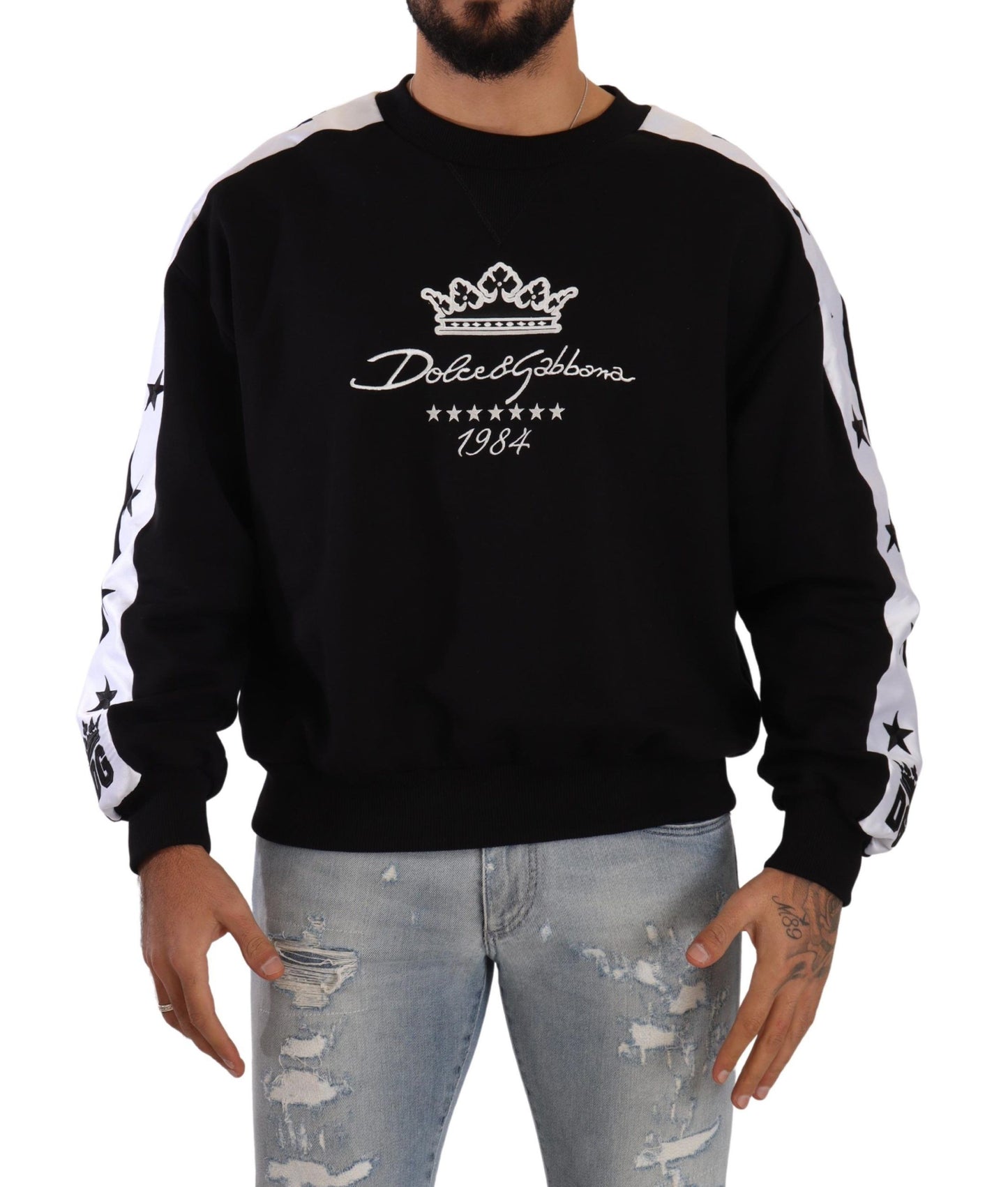Dolce &amp; Gabbana – Schwarzer Pullover mit Rundhalsausschnitt aus Baumwolle mit Krone und Sternen von 1984 in Schwarz