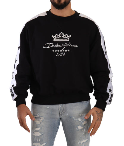 Dolce &amp; Gabbana – Schwarzer Pullover mit Rundhalsausschnitt aus Baumwolle mit Krone und Sternen von 1984 in Schwarz
