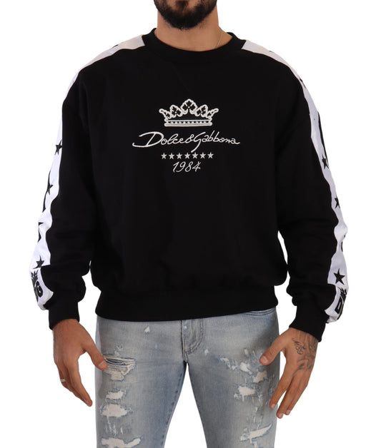 Dolce &amp; Gabbana – Schwarzer Pullover mit Rundhalsausschnitt aus Baumwolle mit Krone und Sternen von 1984 in Schwarz