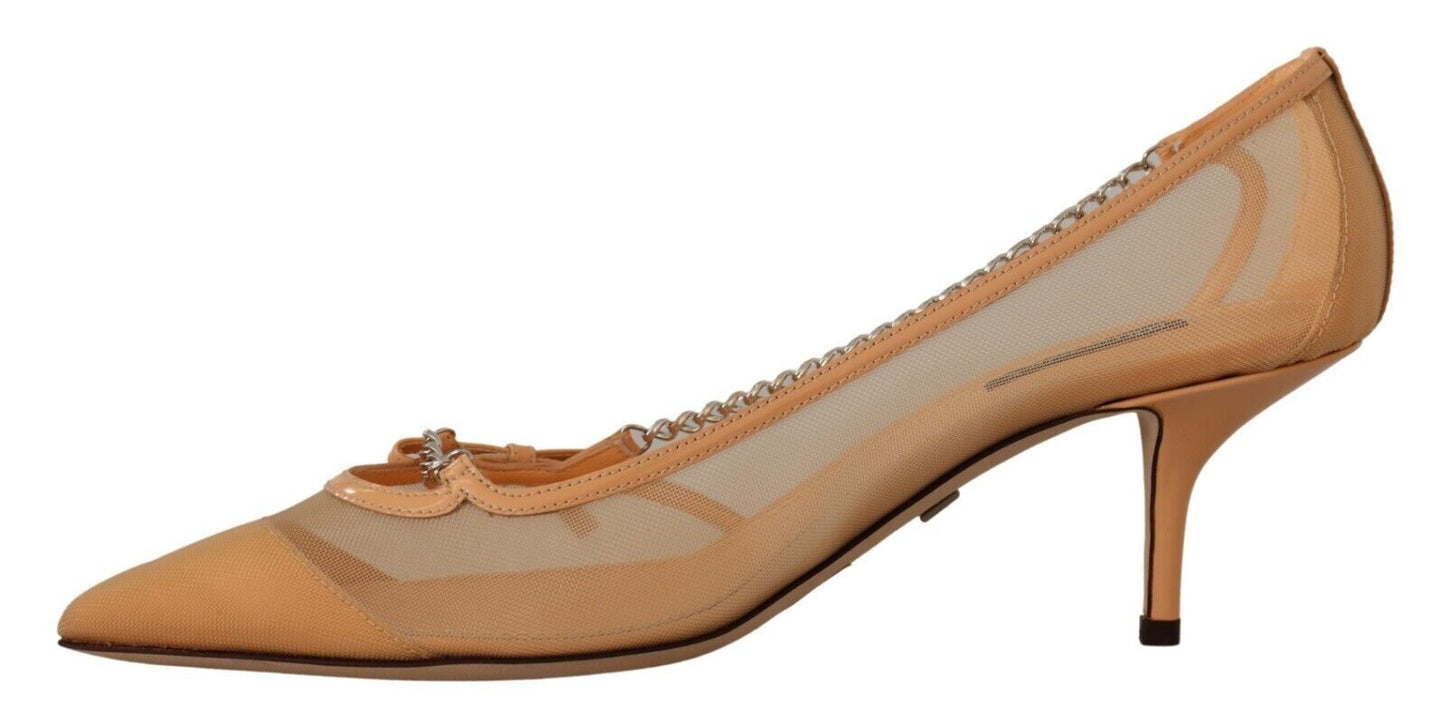 Dolce &amp; Gabbana Peach Mesh Leder Ketten Heels Pumps Schuhe