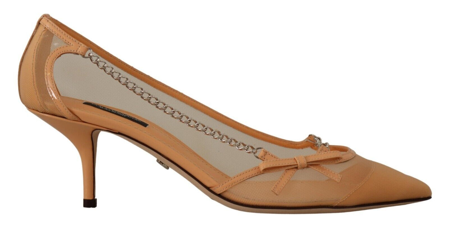 Dolce &amp; Gabbana Peach Mesh Leder Ketten Heels Pumps Schuhe