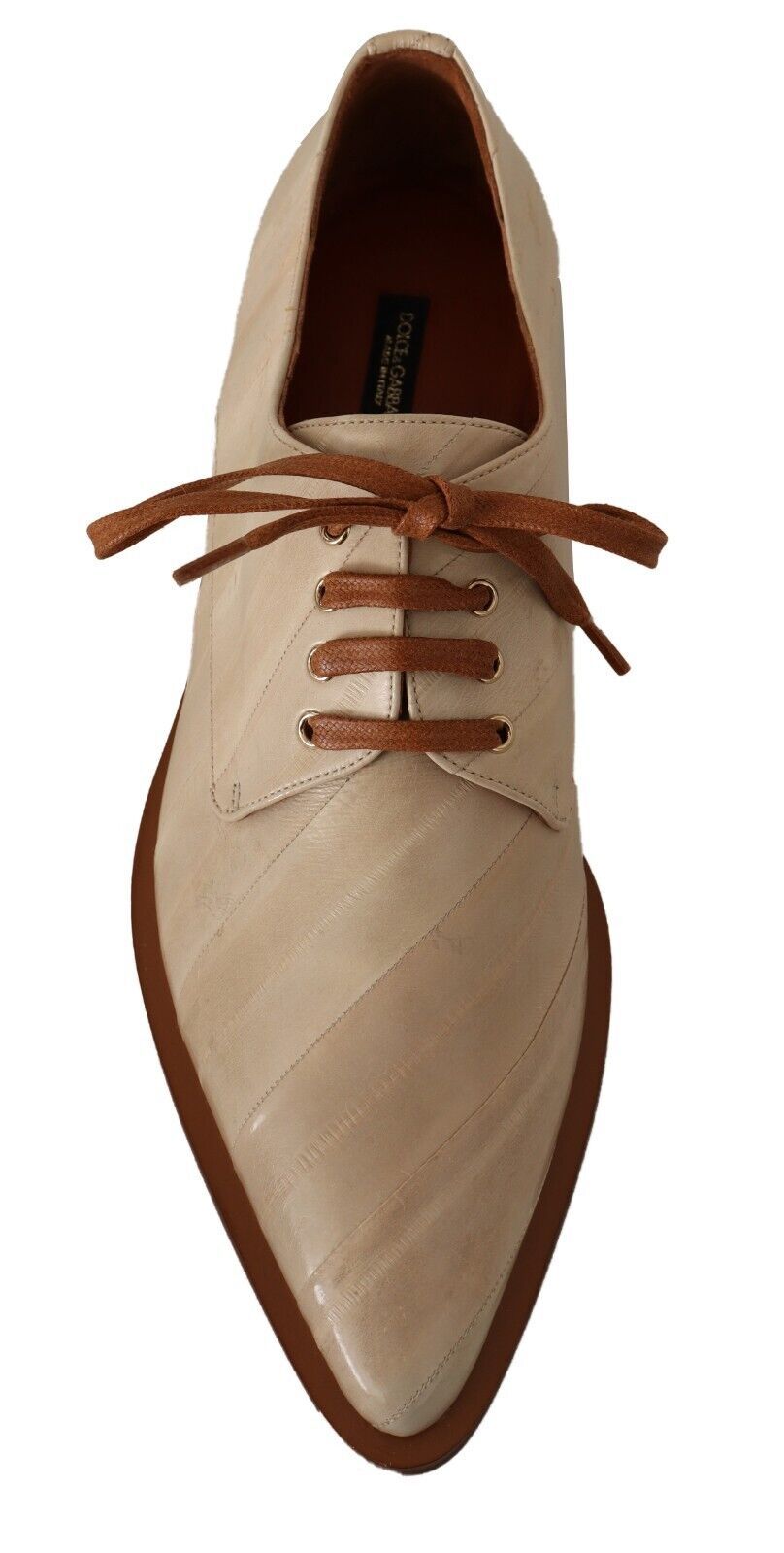 Dolce &amp; Gabbana White Eel Leather Lace Up Formal Flats Shoes