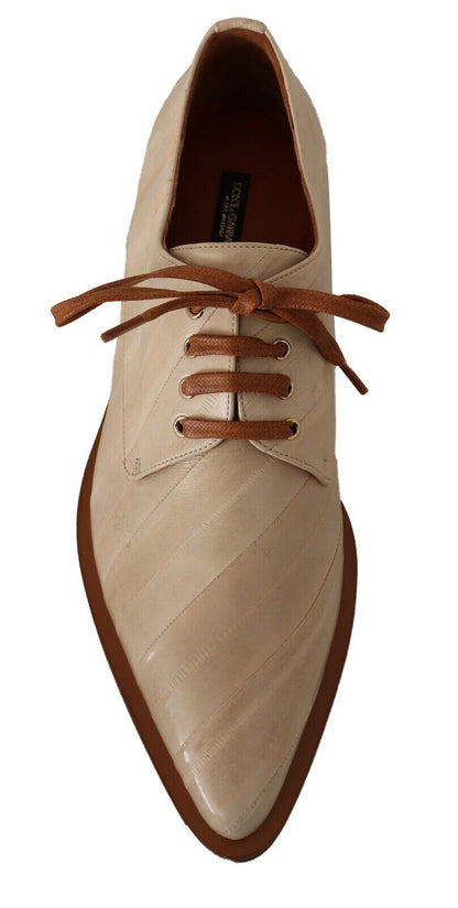 Dolce &amp; Gabbana White Eel Leather Lace Up Formal Flats Shoes