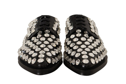 Dolce &amp; Gabbana Black Leather Crystals Lace Up Formal Shoes