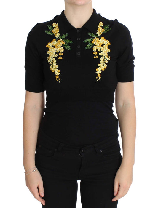 Dolce &amp; Gabbana – Poloshirt aus schwarzer Seide mit Blumenstickerei